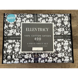 Ellen Tracy Floral 100% Cotton Sateen Sheet Set QUEEN Black White Flowers NEW